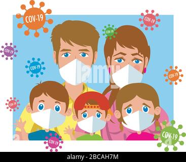 Illustration of a family consisting of father, mother and three children wearing antiviral face masks to protect themselves from covid-19 infection. Stock Vector
