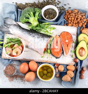 Omega-3 fatty acid rich foods. Products high in healthy fats, vitamin, mineral, antioxidants Top view Stock Photo