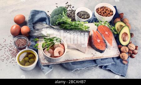 Omega-3 fatty acid rich foods. Products high in healthy fats, vitamin, mineral, antioxidants Stock Photo