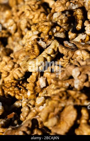 Closeup of big shelled walnuts pile Stock Photo