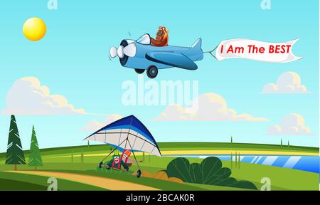 plane is flying above the garden with flag Stock Vector