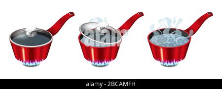 Set of red pans with boiling water, opened and closed pan lid Stock Vector