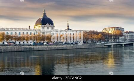 The former hospital was built in the 17th century on the banks of the Rhone. Today it houses the Hotel Dieu. Lyon has been a UNESCO World Heritage Sit Stock Photo