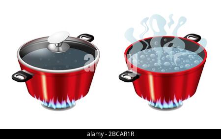 Set of red pans with boiling water, opened and closed pan lid Stock Vector