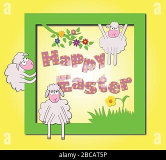 Happy Easter concept. Vector illustration with funny sheep and flowers Stock Vector