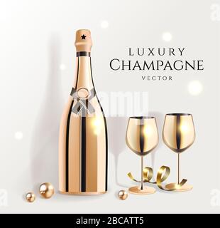 Gold champagne bottles with wine glasses, luxury festive alcohol products for celebration, vector illustration. Stock Vector