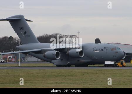 177702, a Boeing CC-177 Globemaster III operated by the Royal Canadian Air Force, departing Prestwick Airport in Ayrshire. Stock Photo