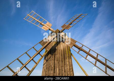 Sweden, Oland Island, Lerkaka, antique wooden windmills Stock Photo