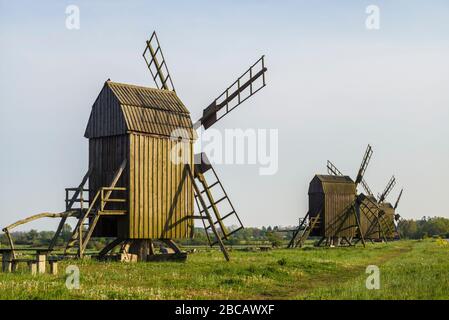 Sweden, Oland Island, Lerkaka, antique wooden windmills Stock Photo