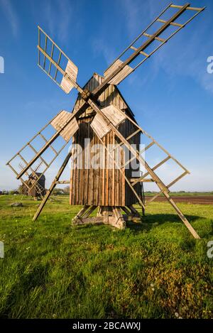 Sweden, Oland Island, Lerkaka, antique wooden windmills Stock Photo