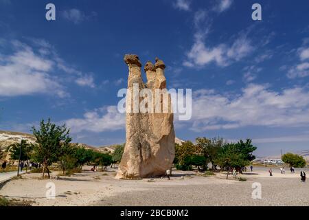 Picturesque landscape on Goreme national park. Cappadocia, Turkey. Scenic view of the pillars of weathering in the Valley of the monks. Pashabag. Stock Photo