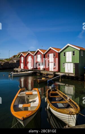 Sweden, Bohuslan, Smogen, Smogenbryggan, antique boat houses and fishing shacks Stock Photo