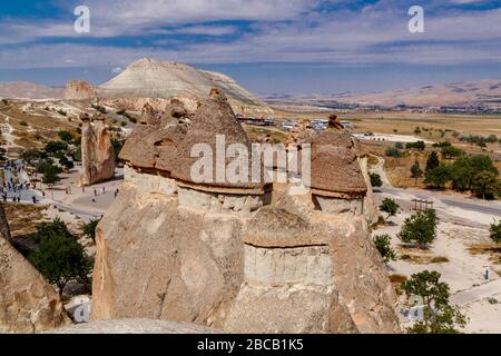 Picturesque landscape on Goreme national park. Cappadocia, Turkey. Scenic view of the pillars of weathering in the Valley of the monks. Pashabag. Stock Photo