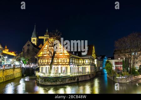 Germany, Famous city district little venice in medieval city esslingen am neckar illuminated by night under magical starry sky full of stars Stock Photo