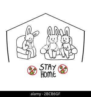 Corona virus kids cartoon stay home cute bunnies on couch reading infographic. Educational graphic family. Monochrome lineart social icon for children Stock Vector