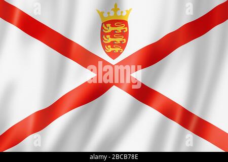 Jersey island flag, United Kingdom waving banner collection. 3D illustration Stock Photo