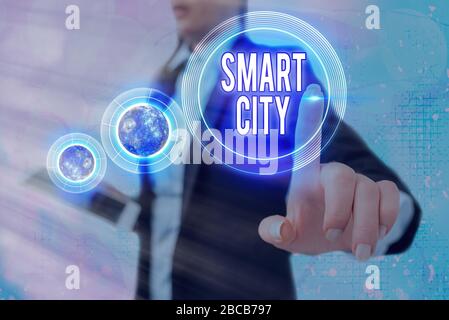 Writing note showing Smart City. Business concept for urban area that uses different electronic Internet of things Elements of this image furnished by
