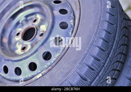Close shot of black car tires Stock Photo