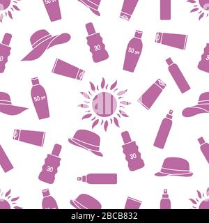 Vector seamless pattern Travel illustration Sun, sun hats, sunscreen cream, lotion, milk Skin protection from solar ultraviolet radiation Summer time, Stock Vector