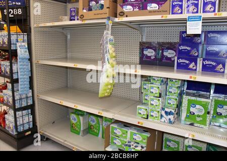 Walmart Empty Kleenex shelves during the Corona Virus Pandemic Hutchinson Kansas. Stock Photo