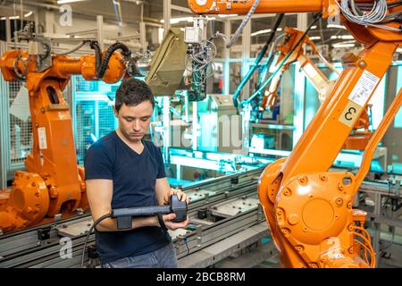 robot diagnostics using special software in the factory Stock Photo