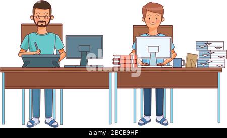 men working with desktop in desks characters Stock Vector