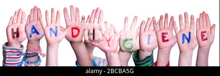 Kids Hands Holding Word Handhygiene Means Hand Hygiene, Isolated Background