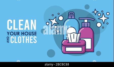 clean your house and clothes lettering with equipment Stock Vector