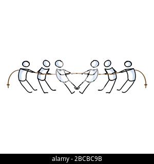 Hand drawn stick figures playing tug of war vector illustration. Competitive effort to win rope sport. Cartoon graphic picture of teamwork and Stock Vector