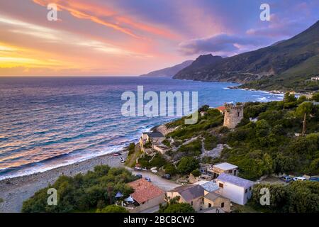 Aerial view of Corsican coast with Genoese watch tower on Cap Corse near Farinol. Corsica, France. Stock Photo