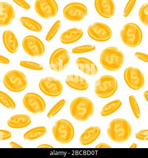 Falling 3d gold money coins seamless pattern isolated on white background. Bingo jackpot casino poker win cash treasure concept flat eps vector illustration Stock Vector