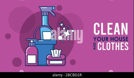 clean your house and clothes lettering with equipment Stock Vector