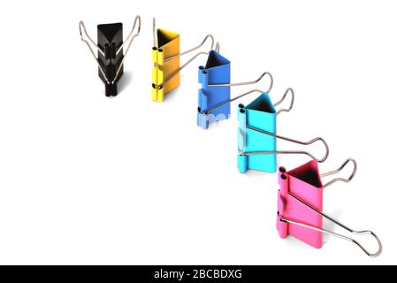 Clips for paper standing vertically on a white background Stock Photo