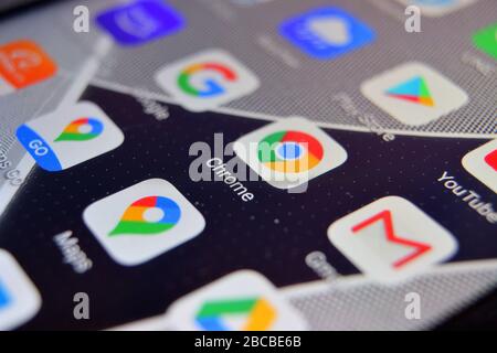 Valverde (CT), Italy - April 02, 2020: Close-up view of Google Chrome app on an Android smartphone, including other icons. Stock Photo