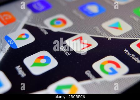 Valverde (CT), Italy - April 02, 2020: Close-up view of Google Gmail app on an Android smartphone, including other icons. Stock Photo