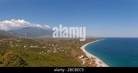 Aerial view of villages and coastline from the castle of Platamon, Pieria, Macedonia, Greece Stock Photo