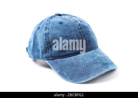 Blue denim baseball cap closeup isolated on white Stock Photo