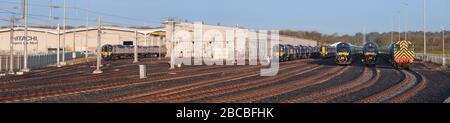 Newly assembled class 800 IEP trains for First Great Western Railway, and class 385's for Scotrail at the Hitachi assembly plant Newton Aycliffe Stock Photo