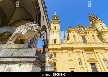 Detail of the Feldherrnhalle, overlooked by the Theatine Church, Odeonsplatz, Munich, Germany Stock Photo