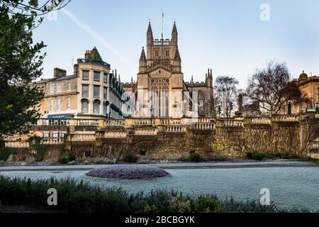 Bath Abbey viewed from the Parade Gardens on a frosty morning, Bath, Somerset, England, UK Stock Photo