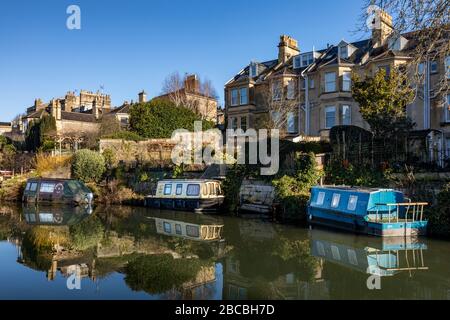 Three barges moored on the Kennet and Avon Canal, Bath Somerset Uk Stock Photo