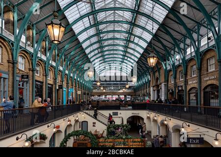 Shops and cafes inside Covent Garden Market, West End, London, England