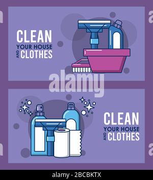 clean your house and clothes lettering with equipment Stock Vector