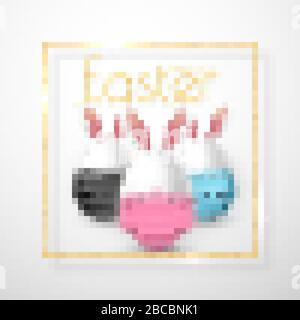 Happy Easter. Easter egg with rabbit ear in medical face mask on white background. Vector illustration. Stock Vector