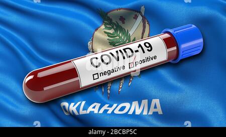 US state flag of Oklahoma waving in the wind with a positive Covid-19 blood test tube. Stock Photo