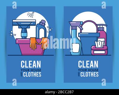 clean your house and clothes lettering with equipment Stock Vector