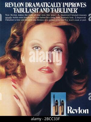 1975 British advertisement for Revlon mascara and eye liner. Stock Photo