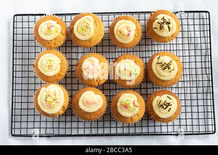 Close up of homemade cupcakes / fairy cakes on a cooling tray Stock Photo