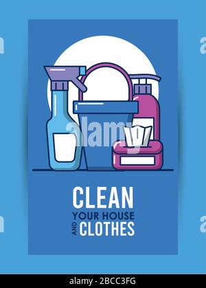 clean your house and clothes lettering with equipment Stock Vector