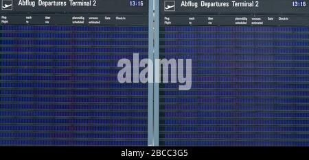 Munich, Germany. 03rd Apr, 2020. An empty display board can be seen in Terminal 2 of Munich Airport. As a result of the corona pandemic, air traffic has largely come to a standstill. Credit: Sven Hoppe/dpa/Alamy Live News Stock Photo